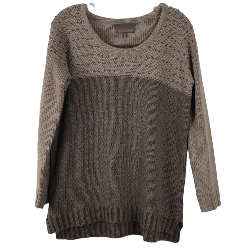 Heartloom Two Tone Tunic Sweater Beaded Shoulders Crew Neck Brown Tan Size Small